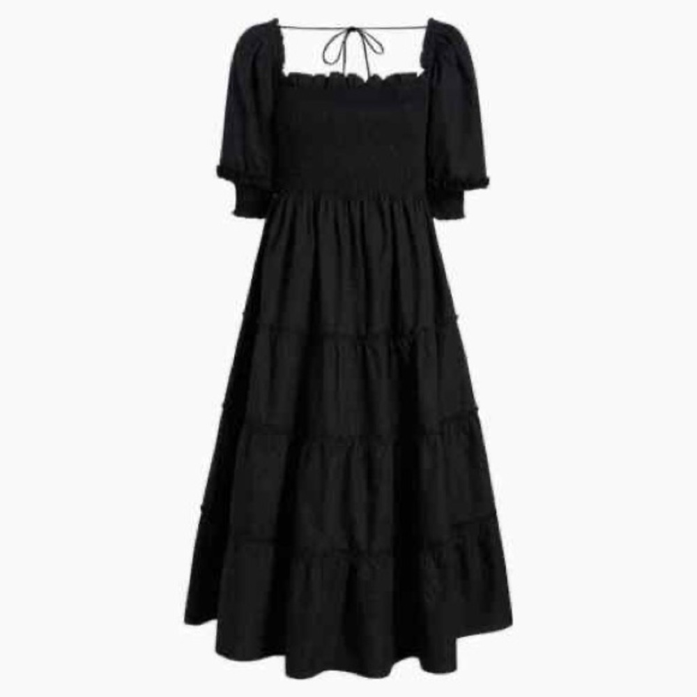 Hill House Home black dot poplin Nesli tiered smocked puff sleeve midi dress